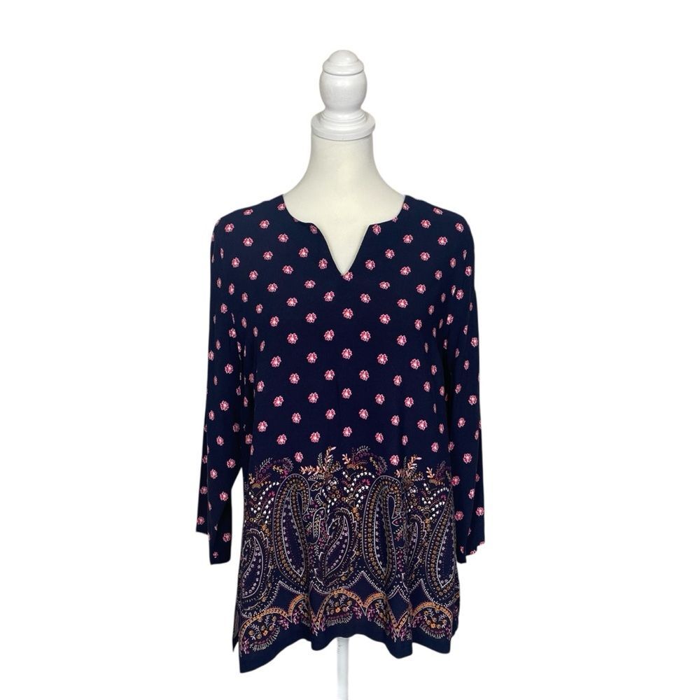 Talbots Petites Floral Paisley Tunic Top LP Large Petite Navy Pink Boho 3/4 Slee